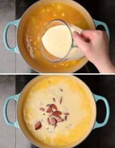 two pictures showing how to make soup in one pot and the other is being mixed with almonds