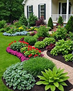 a garden with lots of flowers and plants in the front yard, next to a white house