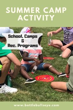 kids sitting on the grass playing with frisbees and text reading summer camp activity