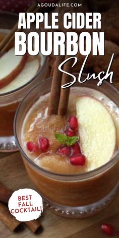 two glasses filled with apple cider bourbon slush on top of a wooden table