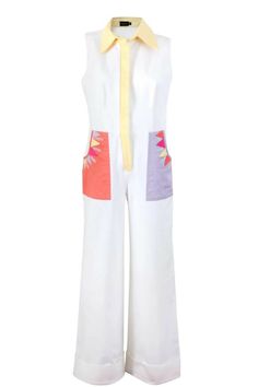 Sleeveless gabardine jumpsuit with multicolor details with handmade khayameya embroidered pockets inspired by Assiri art.Length 150 cm White Jumpsuit, Pajama Pants, Dresses For Work, Pajamas, Jumpsuit, Pants, White, Art, Trousers