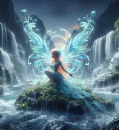 a fairy sitting on top of a rock next to a waterfall