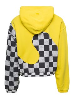 Hoodie Classic hood Panelled design Long sleeves Cracked effect Drop shoulder Ribbed cuffs and hem Check pattern Yellow Cotton Regular fitComposition: 100% Cotton Yellow And Black Clothes, Painting Hoodie, Denim Jacket With Fur, Cut Hoodie, Black Clothes, Skirt And Sneakers, Moon Boots, Tshirt Skirt, Fleece Coat