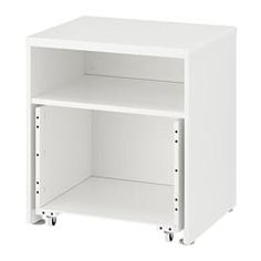 a white cabinet with wheels on the side