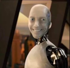 a robot is smiling for the camera while standing in front of a window