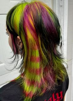 thegirlnamedwalter on ig Artsy Hair Color, Funky Hair Dye Ideas, Half Green Half Purple Hair, Lisa Frank Hair, Harajuku Hair Color, Crazy Hair Dye Ideas, Rainbow Mullet, Color Wheel Hair, Scene Hair Dye