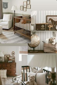 there are pictures of baby's room with furniture and decor on the walls, including a crib