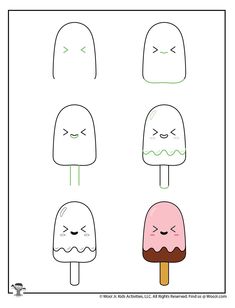 four ice creams with faces drawn on them, one is pink and the other is green