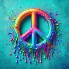 a peace sign painted in multicolors on a blue background with drops of paint