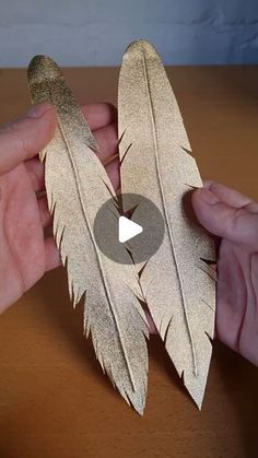 someone is holding two gold feathers in their hands, one has a white circle on it