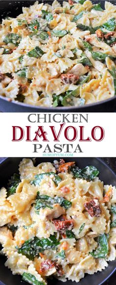 chicken, spinach and pasta dish in a skillet with the title above it