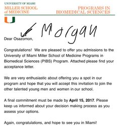 a letter from the university of miami requesting medical school programs