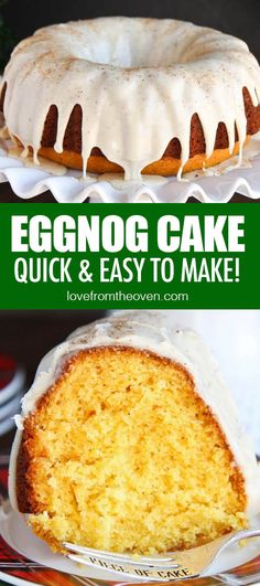 an eggnog cake with white frosting on top and the words, quick & easy to make