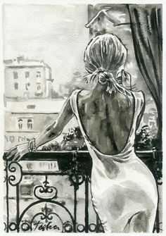 a drawing of a woman sitting on a balcony looking out at the city from behind her