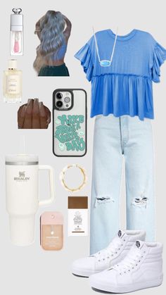 the contents of a woman's outfit including sneakers, coffee cup and cell phone