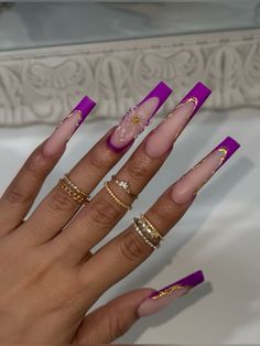 Nails Acrylic Coffin Long Baddie Purple, Purple And Gold Nails Designs, Virgo Nails Designs, Virgo Birthday Nails, Libra Nails, Gold Acrylic Nails, Purple Acrylic Nails, Fancy Nails Designs