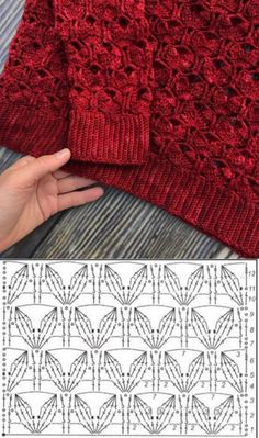 the crochet pattern is shown in red and white, with an image of a woman's hand on top