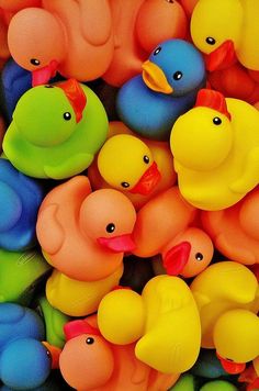 many colorful rubber ducks floating in the water