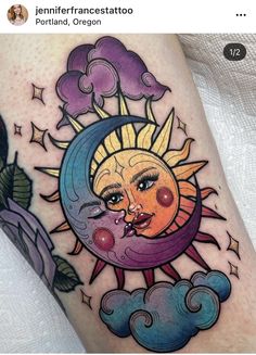 a sun and moon tattoo on the arm with clouds in the sky, stars and clouds