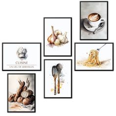 four pictures with different food items in them on a white background, including coffee and pasta