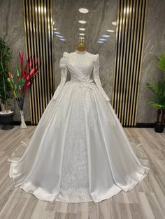 Regal High-Neck Beaded Satin Ball Gown with Embellished Long Sleeves and Floral Appliqué – Larosabride's Exclusive Beading Wedding Dress, Outfit Ideas College, Bride Dress Simple, White Ball Gowns, Voluminous Skirt, Satin Ball Gown, Trendy Prom Dresses, Fairy Tale Wedding Dress, Gown Skirt