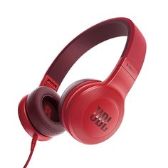 the jbl headphones are red and have bluetooths on their headsets