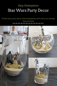 star wars party decor is displayed in clear glass bowls with miniature figurines inside