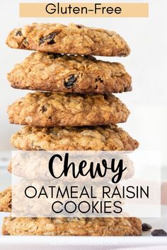 chewy oatmeal raisin cookies stacked up on top of each other