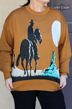 The Stockman Sweater is a true show of the western spirit. The brown base makes the beautiful cream, black and turquoise desert scene stand out. It's knit and relaxed fit makes it comfortable to wear while its fringe along the sleeves gives it a little extra spice. The Stockman is sure to be a favorite. 100 % Polyester Sizing chart in pictures. Horse Hair Pottery, Horse Sweater, Cowgirl Fashion, Brown Fringe, Western Apparel, Desert Scene, Desert Fashion, Western Clothing, Wild Rag