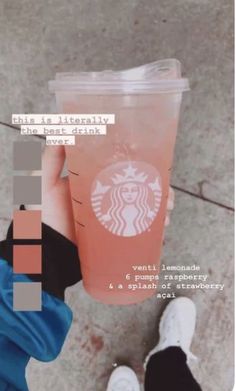 a person holding up a pink drink in front of their face with the caption that reads, this is literally the best drink