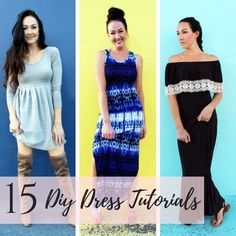 four different types of dresses with the words 15 diy dress patterns