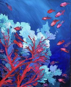 an acrylic painting of corals and fish in blue water with dark background