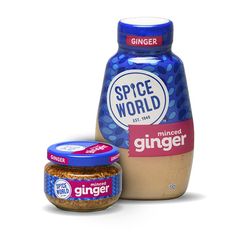 a jar of ginger spread next to a container of spice world peanut butter on a white background