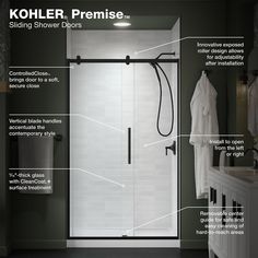 the features of a shower door in a bathroom