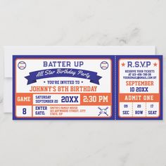 two baseball ticket style birthday party cards