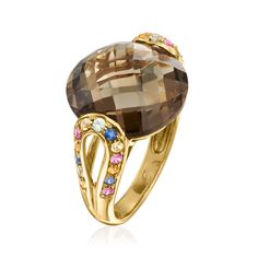 Ross-Simons - 11.00ct Smoky Quartz Ring, .60ct t. w. Multicolored Sapphires Over Sterling. Size 6. Sultry and unique are the best ways to describe this well-priced statement ring! A chocolatey 11.00 carat round smoky quartz captures attention, as .60 ct. t. w. round multicolored sapphires sparkle at each side in rich, unexpected hues. Finely crafted in polished 18kt yellow gold over sterling silver. 5/8" wide. Multicolored sapphire and smoky quartz ring. Smoky Quartz Ring, Quartz Ring, Smoky Quartz, Statement Ring, Statement Rings, Sapphire, Sparkle, Size 7, Yellow Gold