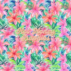 an abstract floral background with tropical leaves and flowers in pink, green and blue colors