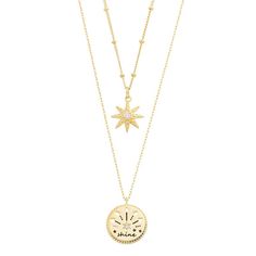 Add a little celestial interest to your jewelry collection with this set of two 14k gold-plated City Luxe necklaces, one a starburst with a sparkly cubic zirconia stone in the center and the other a medallion with a petite cubic zirconia accent, emblazoned with the word "shine". SET DETAILS Includes: two necklaces Pendant length: 0.62 in. Chain length: 16 in. + 2 in. extender Chain type: bead, cable Metal: brass Plating: 14k gold Finish: polished Packaging: boxedSTONE DETAILS Stone type: cubic z Celestial Yellow Gold Jewelry With Star Charm, Yellow Gold Celestial Jewelry In 14k Gold Filled, Celestial Jewelry With Starburst Star Charm, Yellow Gold Plated Star Charm Jewelry, Gold Plated Yellow Gold Star Charm Jewelry, Yellow Gold-plated Star Charm Jewelry, Yellow Gold Plated Jewelry With Star Charm, Gold Celestial Jewelry With Star Charm, Adjustable Celestial Gold-plated Jewelry