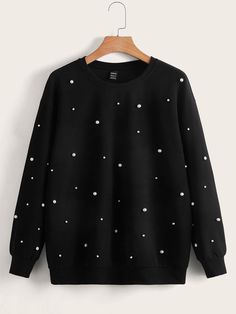 Black Casual  Long Sleeve Polyester Plain Pullovers Embellished Slight Stretch Spring/Fall Women Sweatshirts Romantic Tops, Plus Size Pullover, Women Tie, Embellished Sweaters, Beaded Sweater, Women Sweatshirts, Dropped Shoulder Sweatshirt, Estilo Hip Hop, Contrast Collar