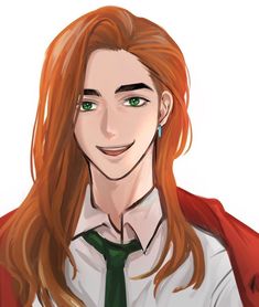 an anime character with long red hair and green eyes wearing a white shirt and tie