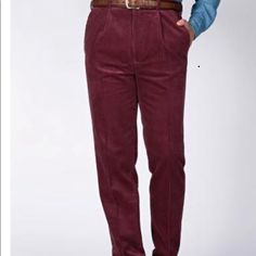 Burgundy Corduroy Pants Have Zip Fly With Button Closure. Slant Pockets; Back Button-Closure Welt Pockets. Sz. 46w, 30 In. 100% Cotton. Winter Cotton Pants With Button Closure, Red Cotton Bottoms With Button Closure, Classic Red Bottoms For Winter, Classic Red Winter Bottoms, Casual Winter Velvet Bottoms, Casual Velvet Winter Bottoms, Casual Velvet Bottoms For Winter, Fitted Burgundy Cotton Bottoms, Red Straight Leg Corduroy Bottoms