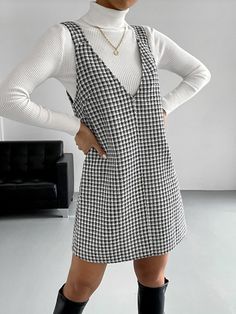 Free Returns ✓ Free Shipping✓. SHEIN BIZwear Plaid Print Overall Dress Without Sweater Workwear- undefined at SHEIN. Women’s Dress Casual Outfits, Houndstooth Overall Dress, Plaid Dress White Shirt Under, Tie Strap Dress With Shirt Underneath, White Collar Outfits Women, Summer Dress In Winter Outfits, Pinafore Dress Black, Winter Dresses Modest, London Dress Style Women