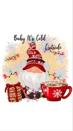 a christmas card with an image of a santa clause holding a cup of hot chocolate