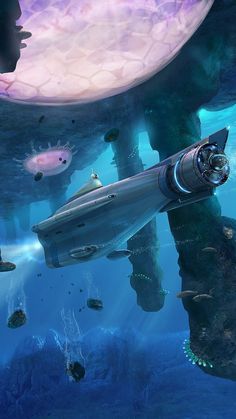 an underwater scene with a submarine in the foreground and several other objects floating around