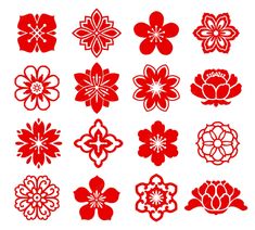 red paper cut flowers are arranged in rows on a white background stock photo - budget conscious