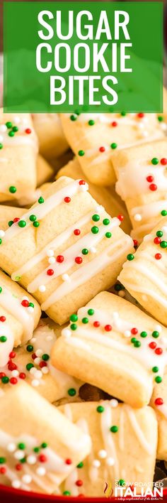 sugar cookie bites with green and red sprinkles in a bowl on a table