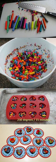 there are many different pictures that show how to make cupcakes with colored crayons