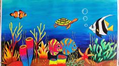 an underwater scene painted with acrylic paint on canvase, including fish and corals