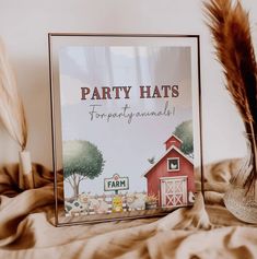 there is a sign that says party hats for farm animals in front of a red barn