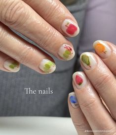 Adrianne Lenker Nails, Quirky Nail Designs, Silly Nail Art, Nail Shorties, Short Fruit Nails, Hungry Caterpillar Nails, Pear Nails, Short Nail Inspired, Caterpillar Nails